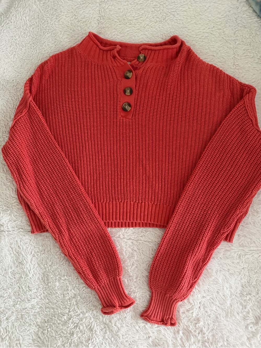 American Eagle Outfitters Coral Button-Henley Cropped Sweater